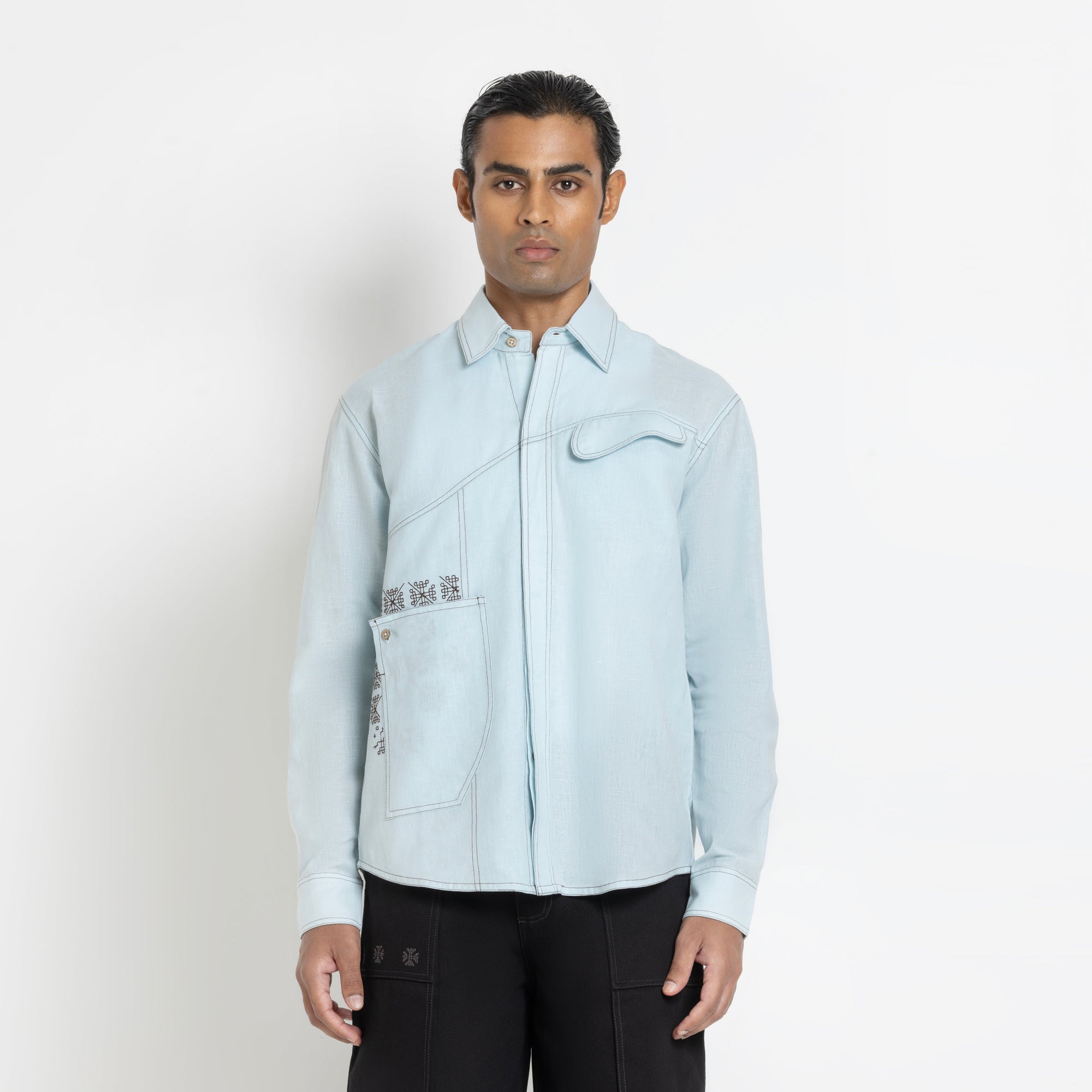 Kara - Saddle-stitch Shirt - Powder Blue For Men