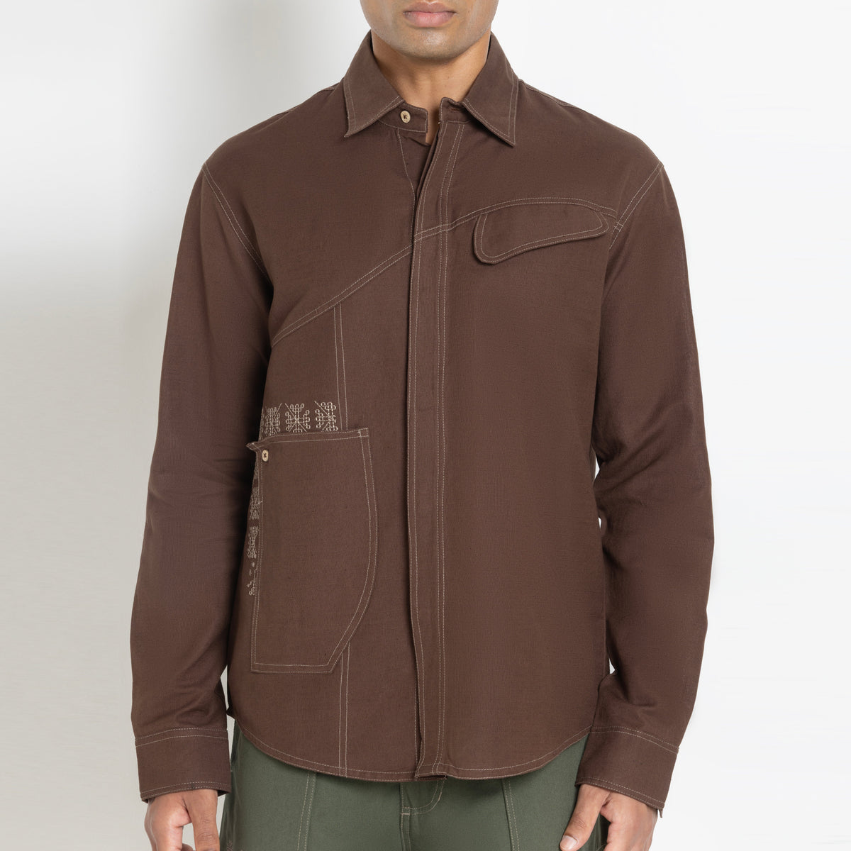 Kara - Saddle-stitch Shirt - Dark Brown For Men
