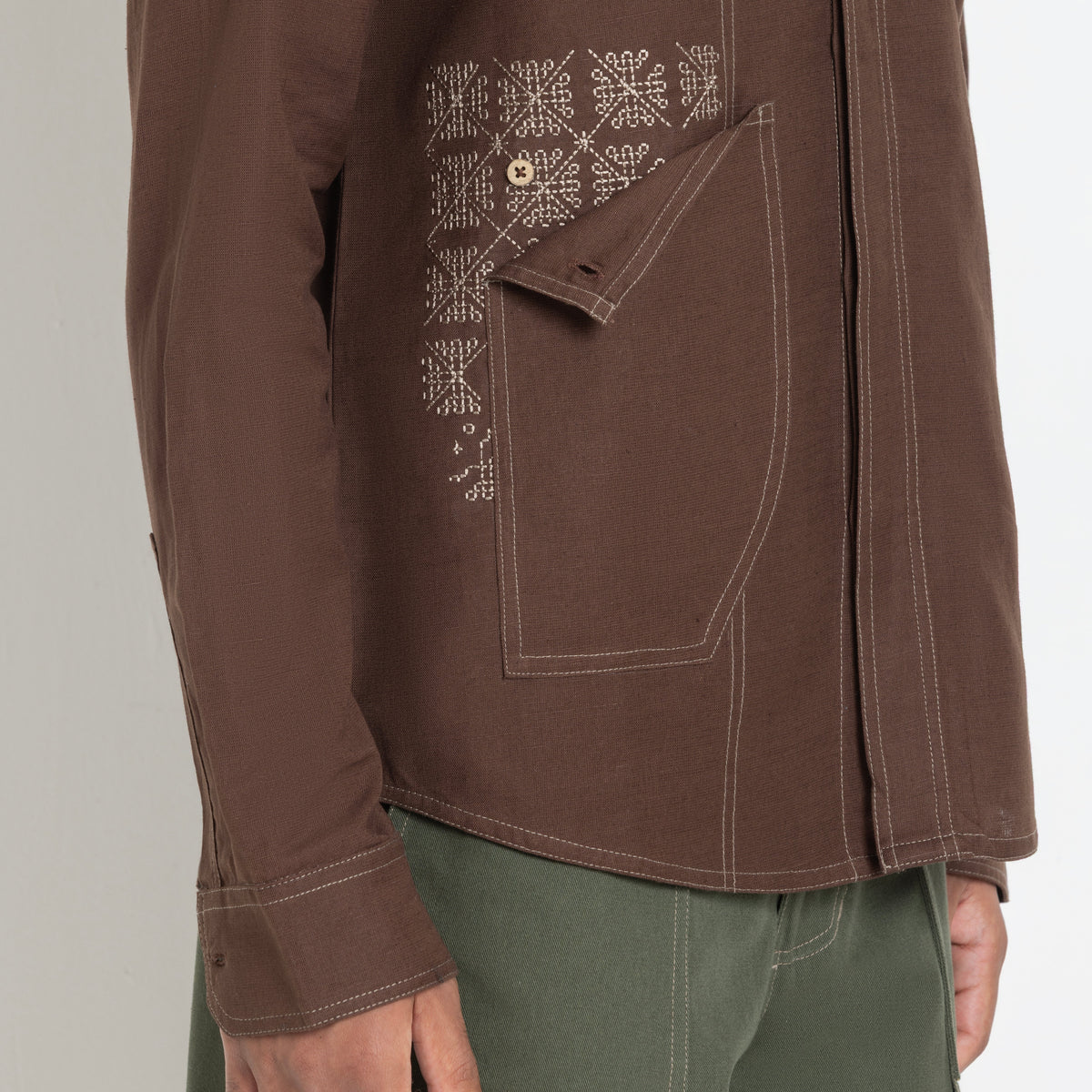 Kara - Saddle-stitch Shirt - Dark Brown For Men