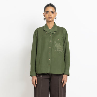 Kara - Cross-collar Shirt - Olive Green For Women