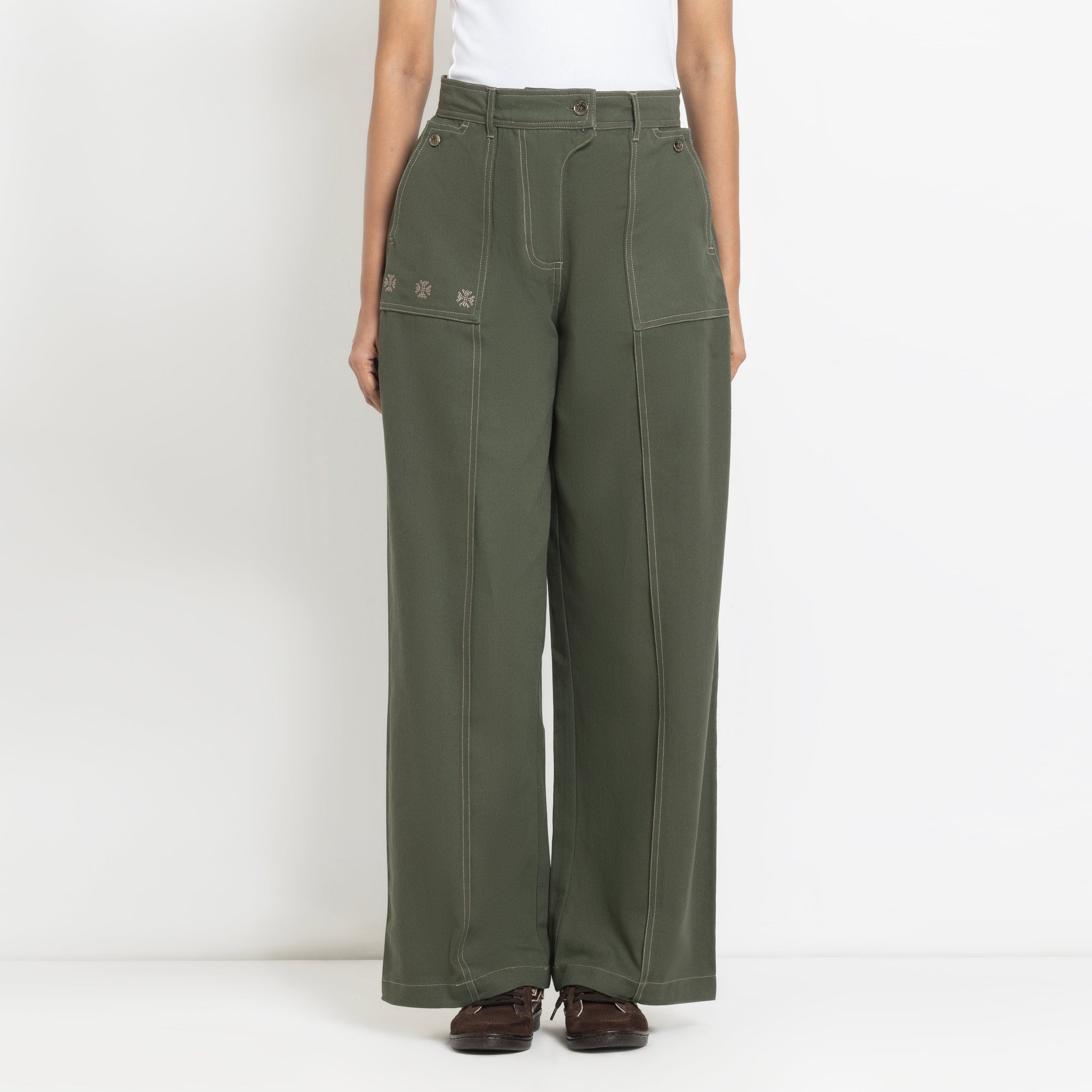 Kara - Pintuck Pant - Olive Green For Women
