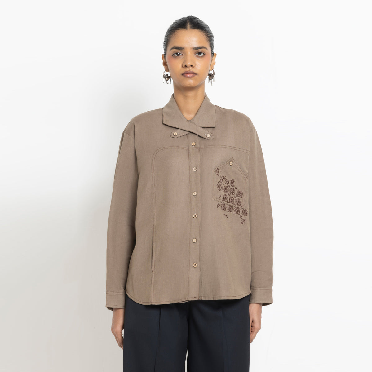 Kara - Cross-collar Shirt - Brown For Women